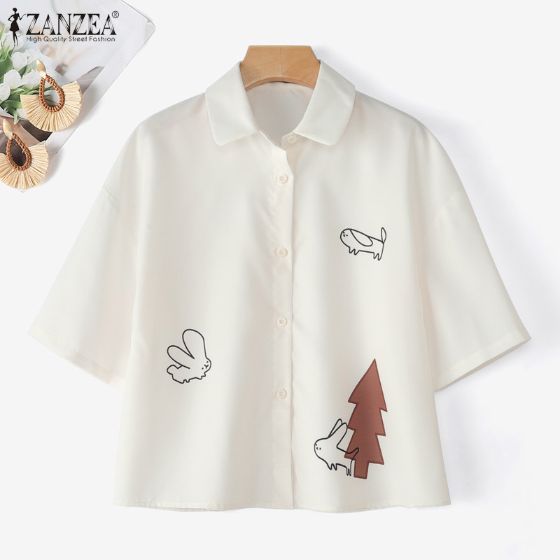 ZANZEA ซานเซีย เสื้อเชิ๊ตแขนสั้นผู้หญิง สไตล์เกาหลี ลายพิมพ์สนุกๆ ใส่ได้ทุกวัน ราคา ถูกที่สุด ดีลบีเคเค แกลเลอรีภาพที่ 5