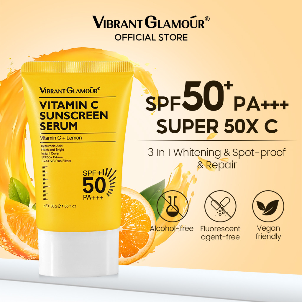 VIBRANT GLAMOUR Vitamin C Whitening Sunscreen Serum SPF50+ 30g ซ่อมแซม | สำหรับใบหน้าและร่างกาย