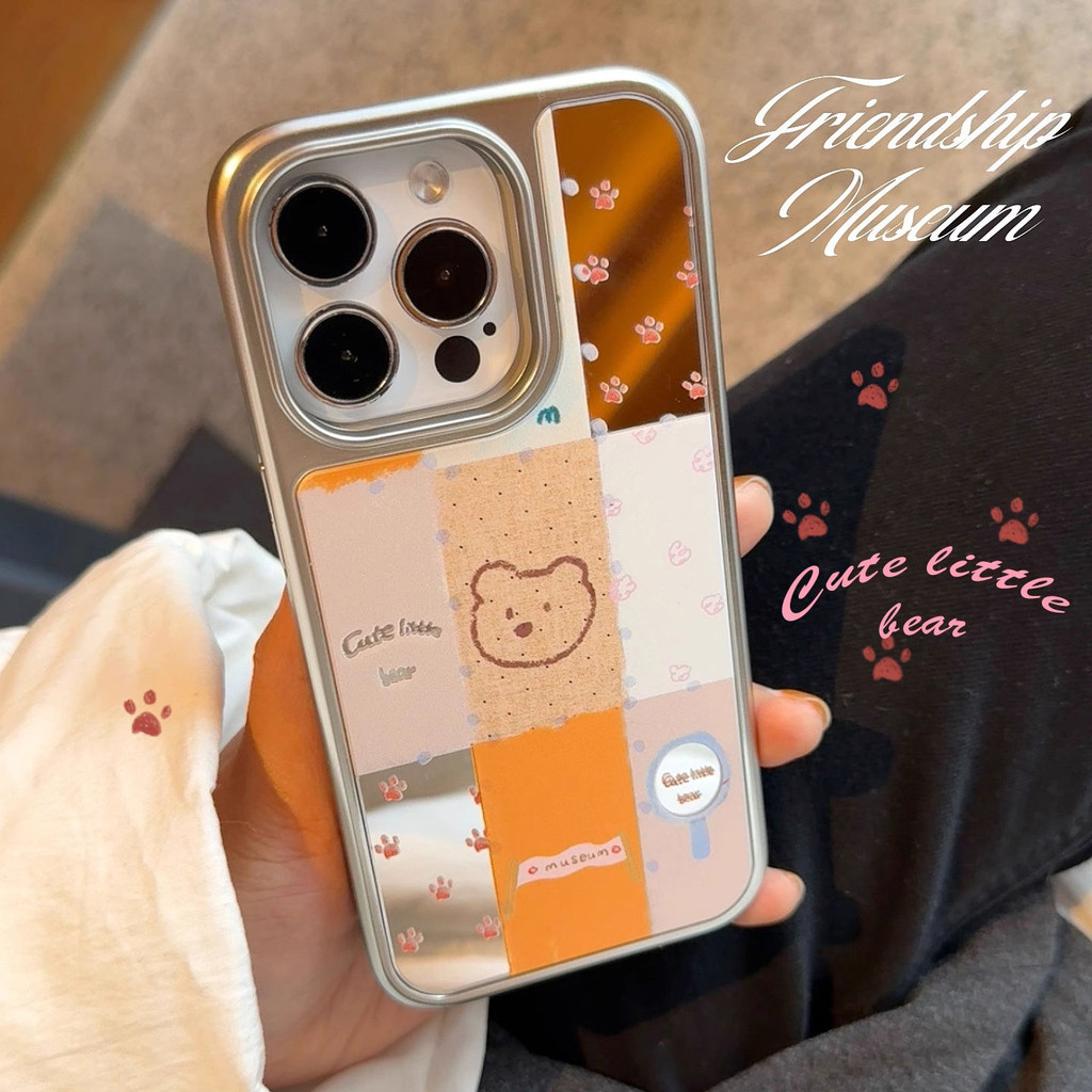 กระจกกระจกเย็บหมีคาร์บอนไฟเบอร์รูปแบบElectroplating CaseกระจกเหมาะสําหรับiPhone 16 Pro Max/15/14 Pro