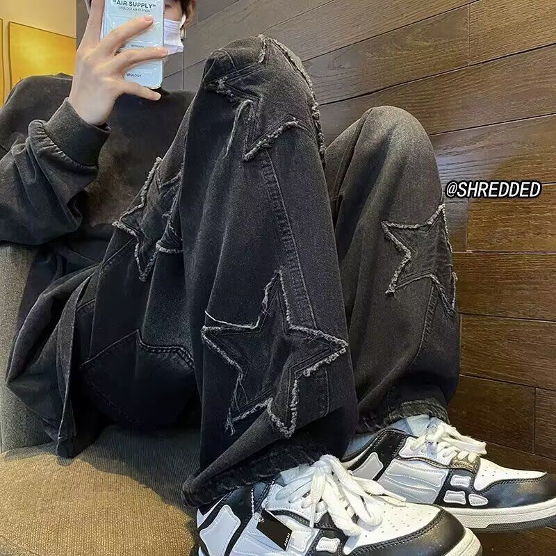 Frayed Five-Pointed Star Labeled กางเกงยีนส์ผู้ชาย Retro High Street vibe ล้างหลวมตรงขากว้าง-กางเกงถ
