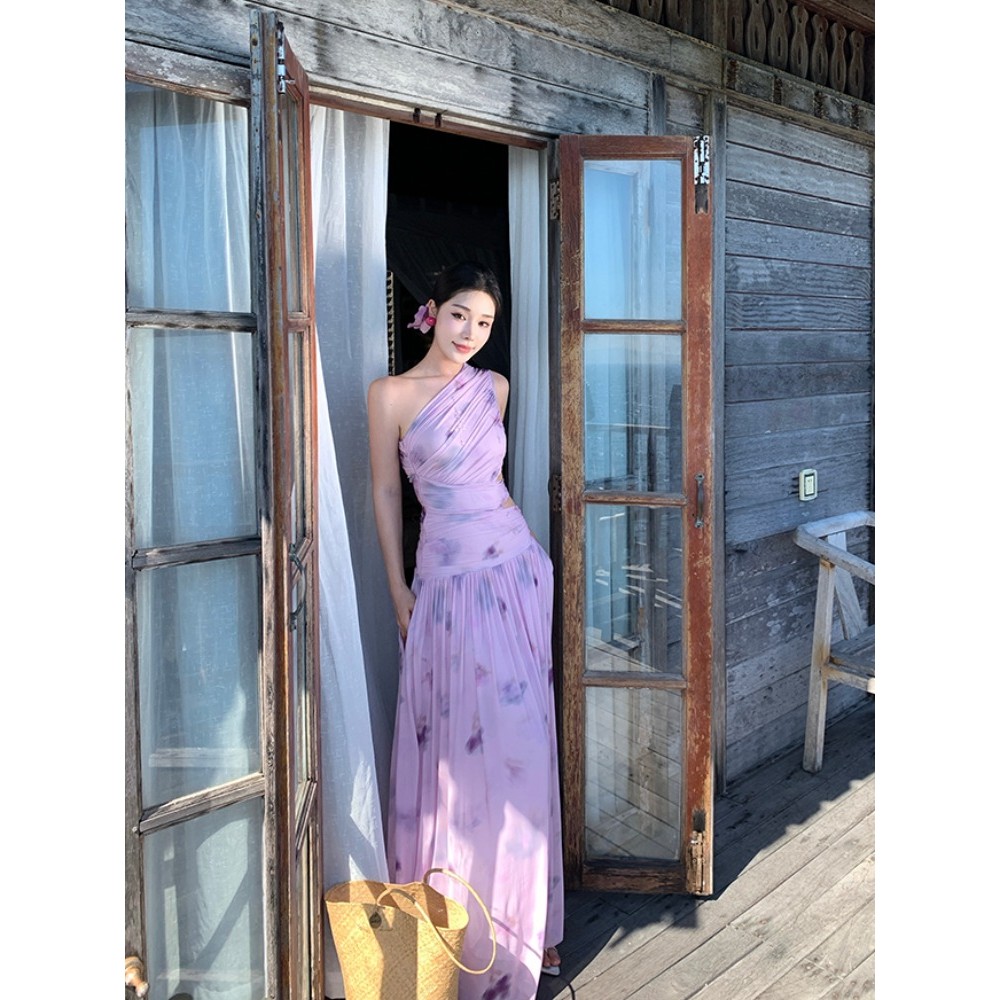 ชุดยาวแคบจากผ้ากอซยืดฝรั่งเศส สีม่วง พิมพ์ลายสวยงาม เหมาะสำหรับใส่ริมทะเลในฤดูร้อน