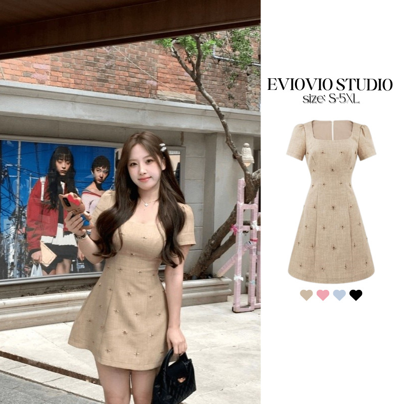 【EVIOVIO】S-5XL เดรสสั้น ปักลูกปัดลายดาววิบวับ ✨ ดีไซน์คอเหลี่ยม แขนพอง หวานละมุน พลัสไซซ์ เข้ารูป
