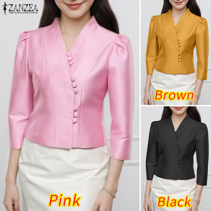 ZANZEA เสื้อซาตินสไตล์เกาหลี noble elegant สำหรับผู้หญิง ดีไซน์วิถีเกาหลี แขน 3/4 กับปุ่ม — صورة 3