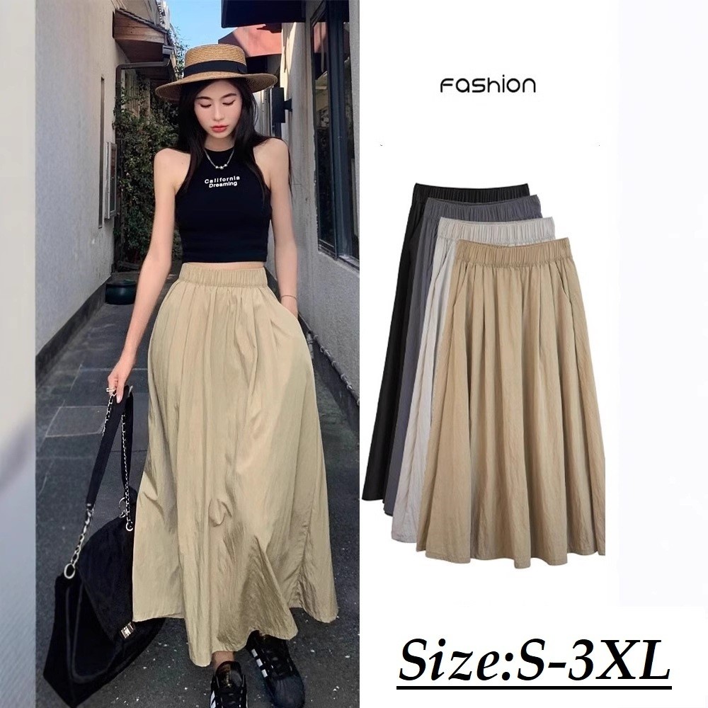 NINGFASHION กระโปรงบาน ผู้หญิง แฟชั่นผ้าลินิน ใส่สบาย รุ่น WK12
