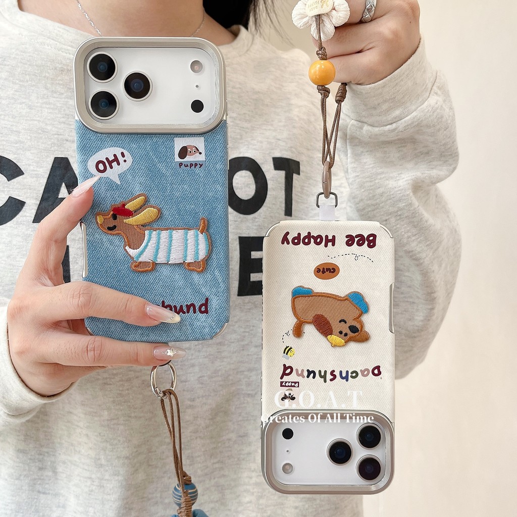 GOAT Denim หนังสามมิติเย็บปักถักร้อยสุนัขปลอกสําหรับ iPhone 16 PRO MAX 15 13 14 PRO MAX iPhone Anti-fall ป้องกันโทรศัพท์มือถือกรณี