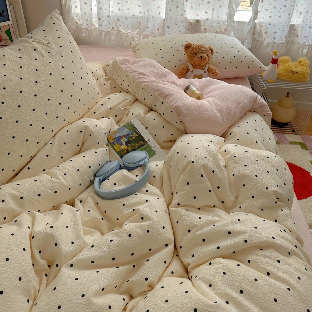 Polka Dot Cloud Cotton 4 In1 ชุดเครื่องนอนเดี่ยว/ราชินี/King Size Flat/ชุดเครื่องนอนรัดมุม