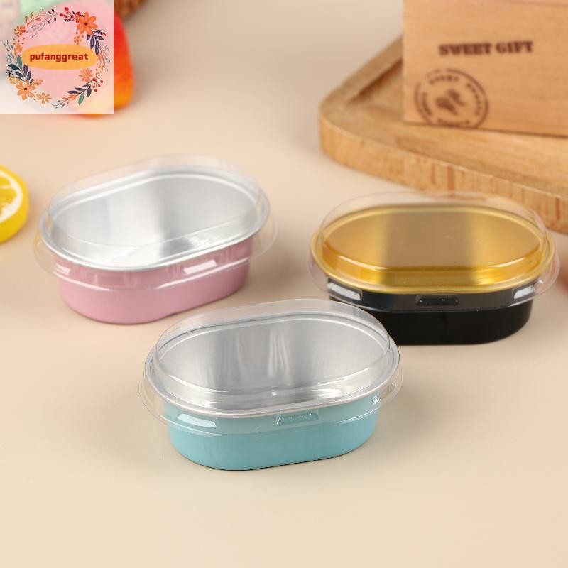 Pufanggreat 10 ชิ้นอลูมิเนียมฟอยล์เค้กคอนเทนเนอร์ Cupcakes Pans Liners พร้อมฝาปิดทนความร้อนฟอยล์เบเกอรี่ถ้วยใช้งานง่ายครัวเครื่องมือ TH