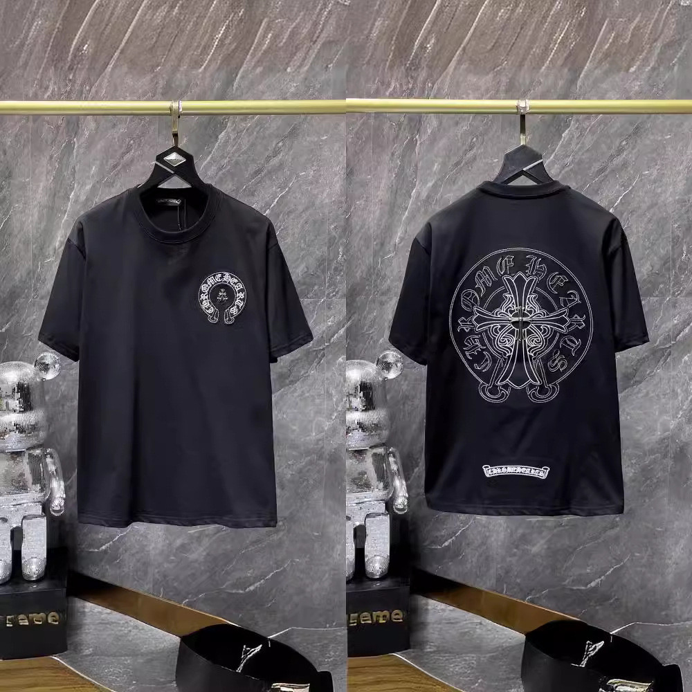 Chrome Hearts  Trendy Brand Cross Horseshoe Sanskrit Patch Embroidered Short Sleeve T Shirt