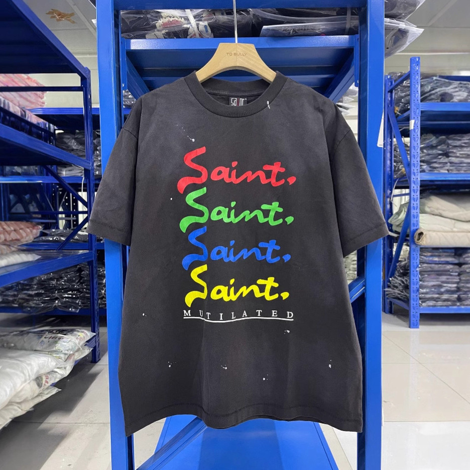 QKF9 Saint OF Michael Letter Crack Short Sleeve High Street vintage Washed Vintage Retro Couple T Me