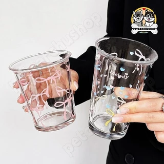 Home café แก้วน้ำแก้วกาแฟ ลายโบว์สีชมพู โปร่งใส ดีไซน์น่ารัก สำหรับตกแต่งและใช้งานจริง