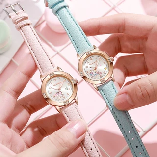 Sanrio Hello Kitty Kuromi นาฬิกาน่ารักการ์ตูน Rose Gold พร้อมเข็มขัดเพชรนาฬิกาผู้หญิงนาฬิกาควอตซ์