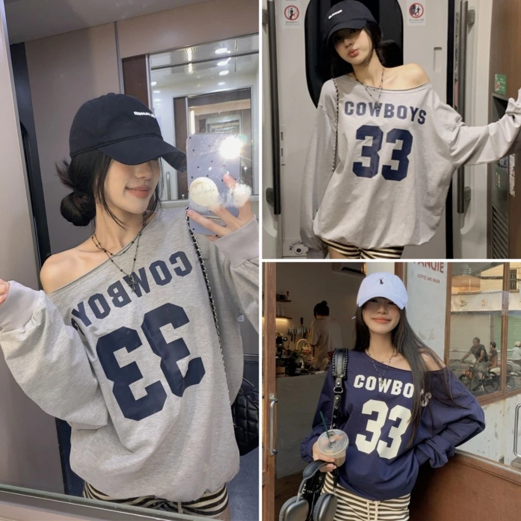 Hotgirl พร้อมส่ง เสื้อยืดแขนยาวผู้หญิง เสื้อยืดโชว์ไหล่ พิมพ์ลายแฟชั่น หลวมๆและเซ็กซี่ สไตล์อเมริกัน