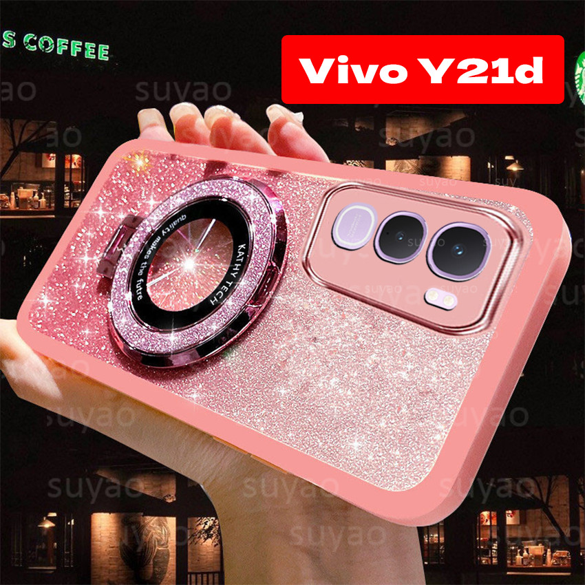 สําหรับ Vivo Y21d 2025 เคสโทรศัพท์ Bling แหวนผู้ถือปลอกแม่เหล็ก VivoY21d Y21 DY 21d Glitter Rugger TPU หรูหราสาวน่ารัก Slim Soft ShockProof Full Shell ฝาหลัง