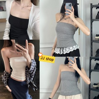 JJ Shop​💜พร้อมส่ง มีฟองน้ำ เสื้อเกาะอกสีพื้น ทรงรัดรูปพอดีตั…