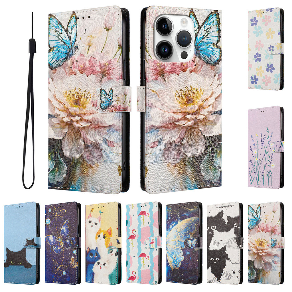 กระเป๋าสตางค์สําหรับ iPhone 15 14 Plus Pro Max Flip PU หนังแบบพกพาฝาครอบโทรศัพท์ปลอก