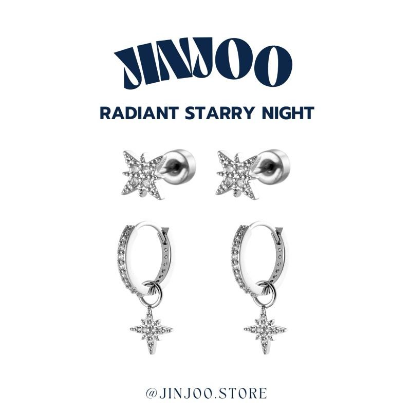 Jinjoo ต่างหูห่วง+จิวต่างหู รุ่น Radiant Starry Night ลายดาวประดับ ดูหรูหรา So cool สแตนเลส316 แป้นแบน