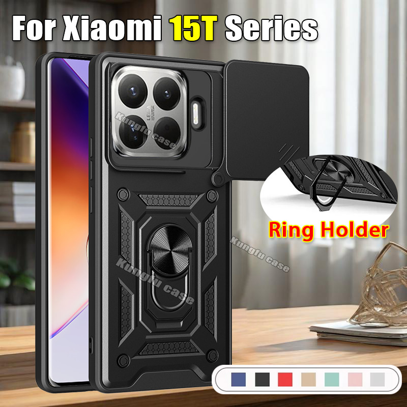 เกราะสไลด์กล้องเลนส์สําหรับXiaomi 15T 14T Pro Xiaomi15T Xiaomi15TPro 5Gกันกระแทกเคสโทรศัพท์ผู้ถือแหวนปลอกวงเล็บStent Pushกล้องป้องกันกรณีปกหลัง