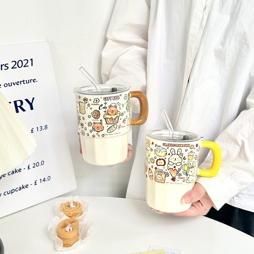 ฝาแก้ว tyeso ฝาแก้ว แก้วฟางพร้อมฝาปิดถ้วยเซรามิกมูลค่าสูงถ้วยน้ําน่ารัก อิน สาวกาแฟนมถ้วยน้ําผลไม้