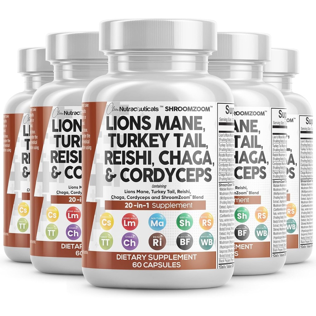 Clean Nutraceuticals Lions Mane 20in1 Mushroom Supplement with Turkey Tail Reishi Cordyceps Chaga Ma