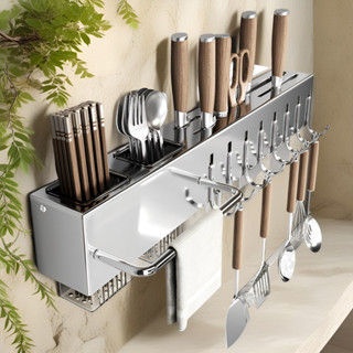 [ที่ใส่มีดสแตนเลส] ชั้นวางของ ติดผนัง ไม่ต้องเจาะ สามารถเก็บ…