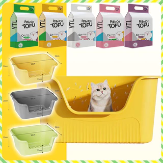 YTL 🐈ห้องน้ำแมว ใหญ่กระบะทรายแมว ขอบสูงกันกระเด็น กระบะทรายแมว พร้อมที่ตัก มีตะแกรงดักทราย รุ่นขอบสูงโปร่ง