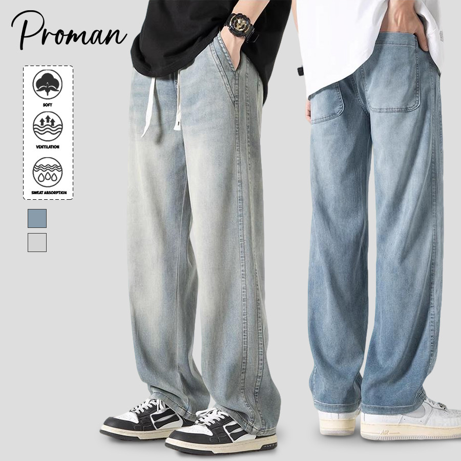 PROMAN กางเกงยีนส์บางฤดูร้อน รัดเอว สไตล์วินเทจอเมริกัน แมทช์ลุคง่าย ยูนิเซ็กส์