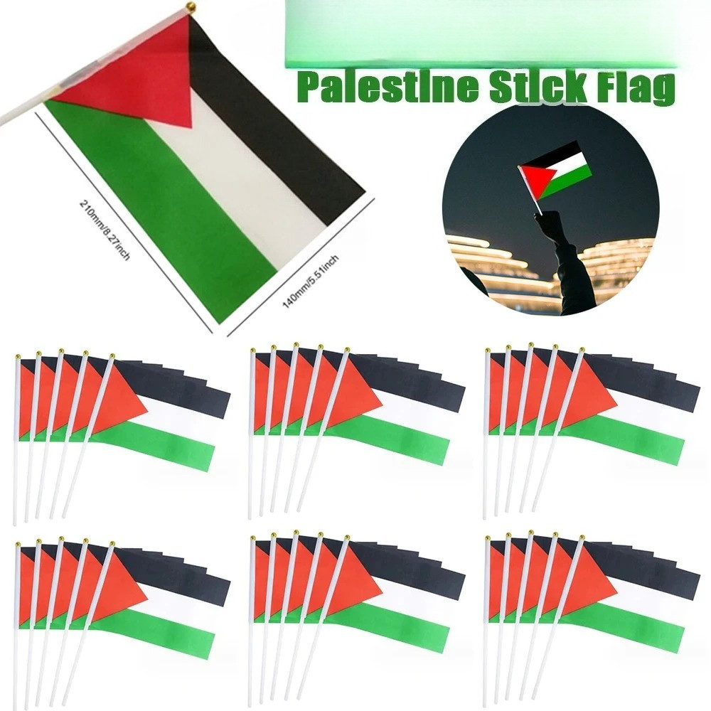 10 ชิ้น Palestian National Flag พร้อมเสาธงพลาสติก Palestine Hand Waving Flag Palestine Waving Nation