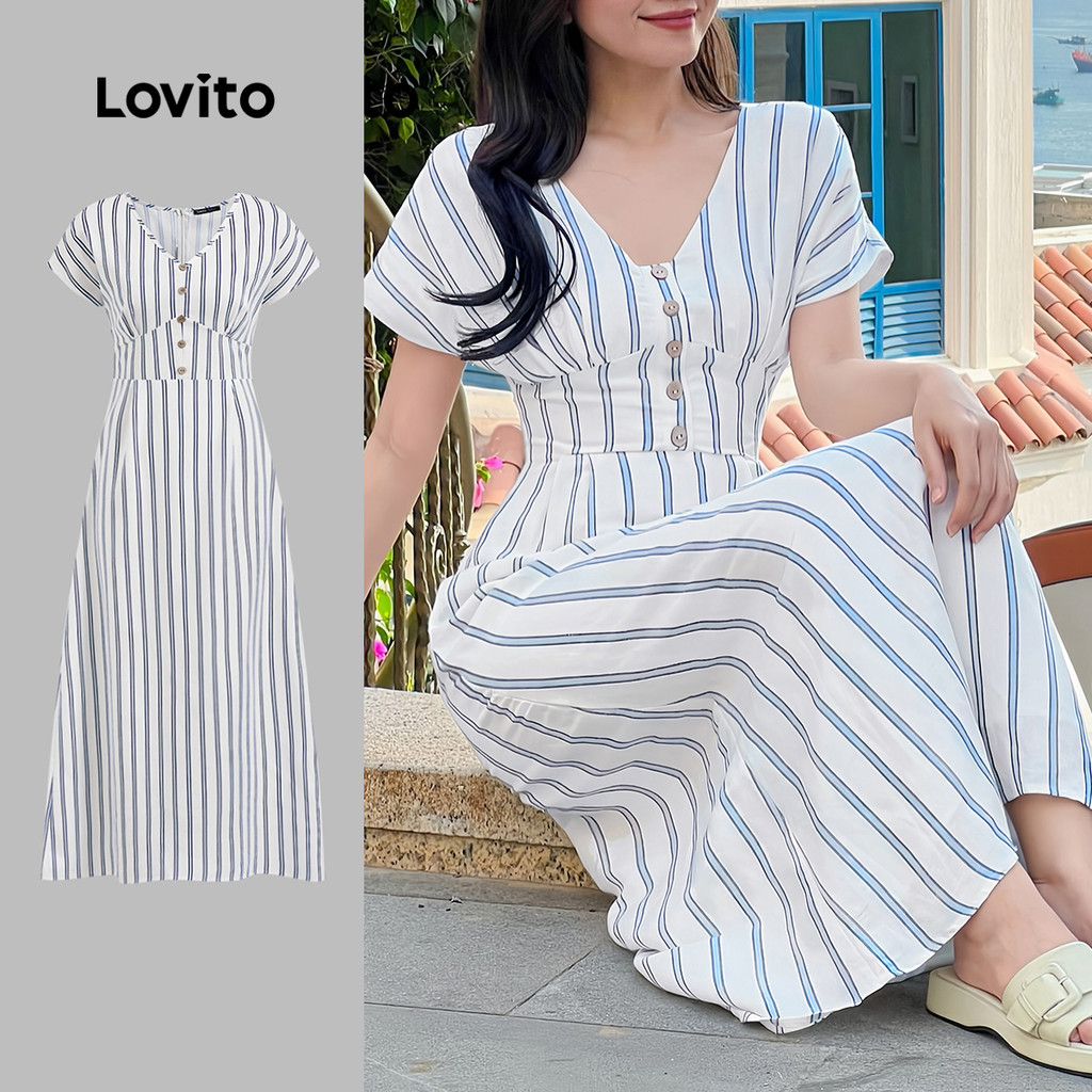 Lovito ชุดเดรสลําลองเดรปปุ่มจีบฤดูร้อน/ฤดูใบไม้ผลิสําหรับผู้หญิง L129AD1056