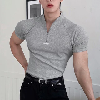 เป่าหลงซิน ใหม่ผู้ชายครึ่งซิปแขนสั้นเสื้อยืดกีฬายืดหยุ่นสูงแห้งเร็ววิ่งออกกําลังกายสวมใส่สลิมฟิต