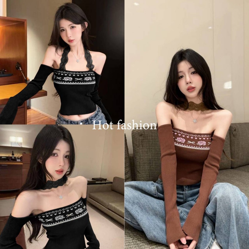 HOT FASHION THAI พร้อมส่ง เสื้อไหมพรมเปิดไหล่ แขนยาว สไตล์โบฮีเมี่ยน สีพื้นยืดพอดีตัว -31122