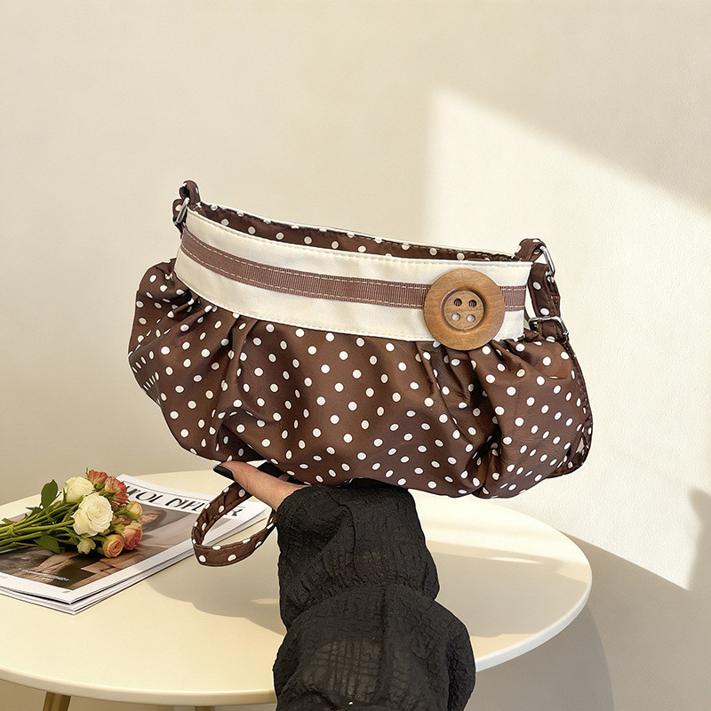 Retro Polka Dot หัวเข็มขัดไม้จีบกระเป๋าสะพายไนลอนสไตล์เกาหลีสไตล์อ่อนโยนปรับ Cross-body รักแร้กระเป๋า