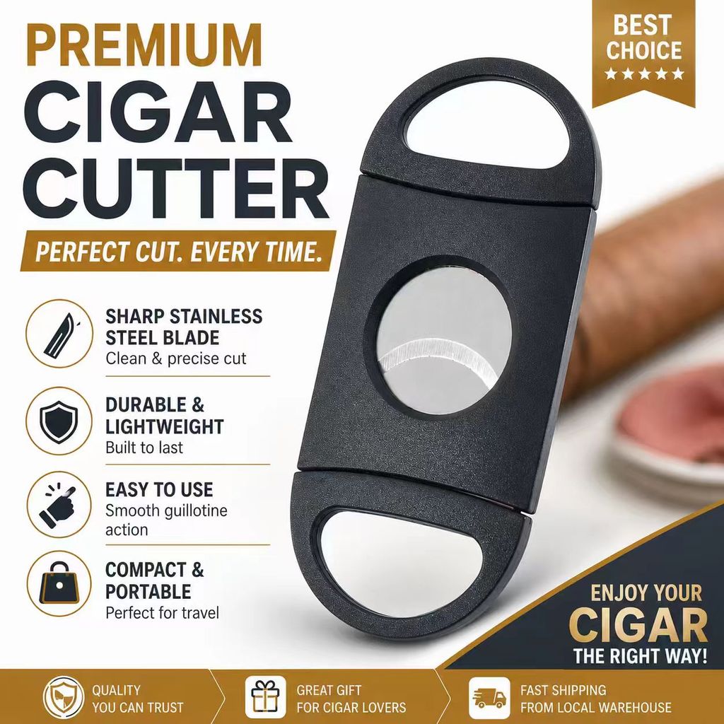 Black plastic portable cigar cutter with sharp stainless steel round tip