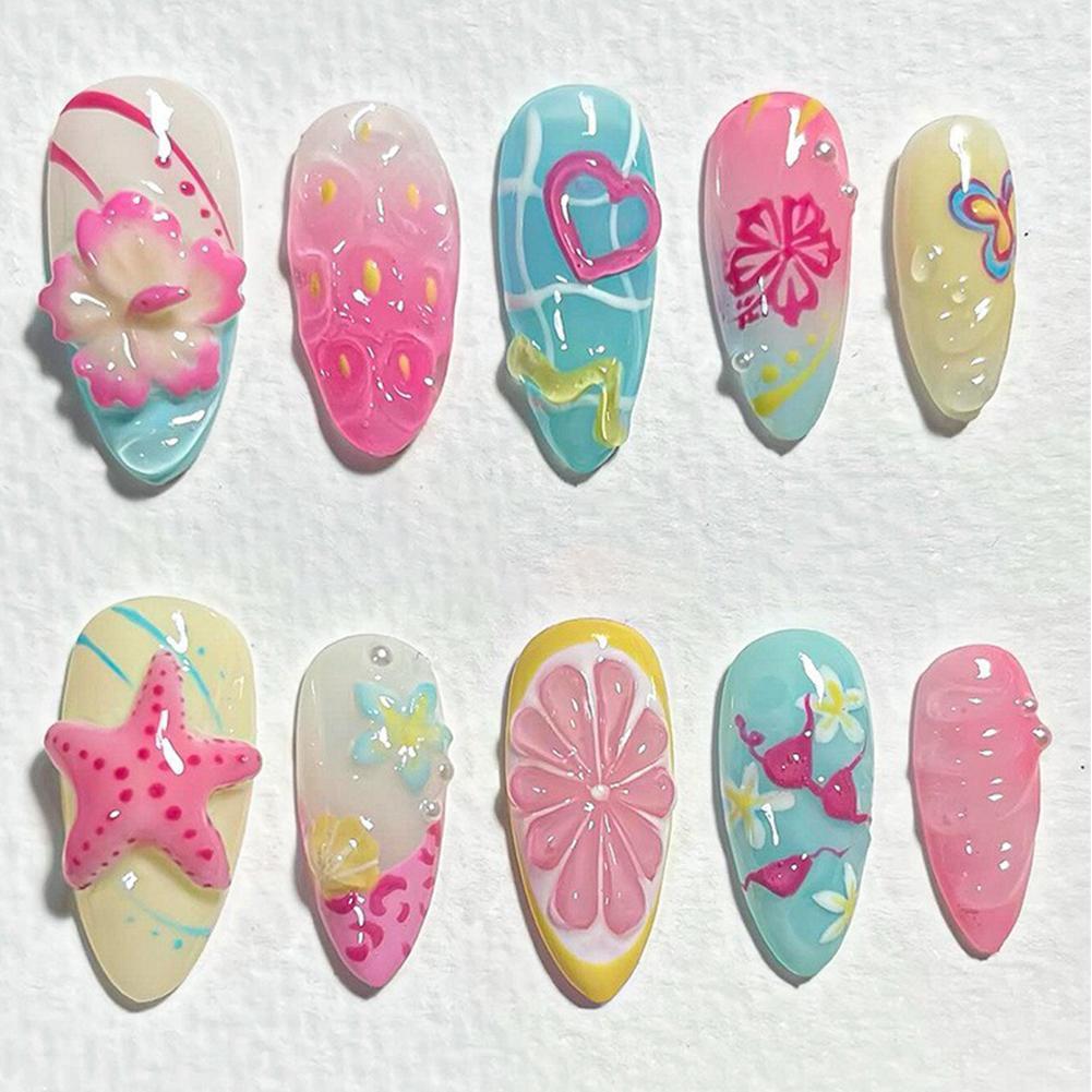 Summer Beach 3d Art Design เล็บปลอมยอดนิยมสไตล์ Handmade Nail Patch สําหรับผู้หญิง, J2g3