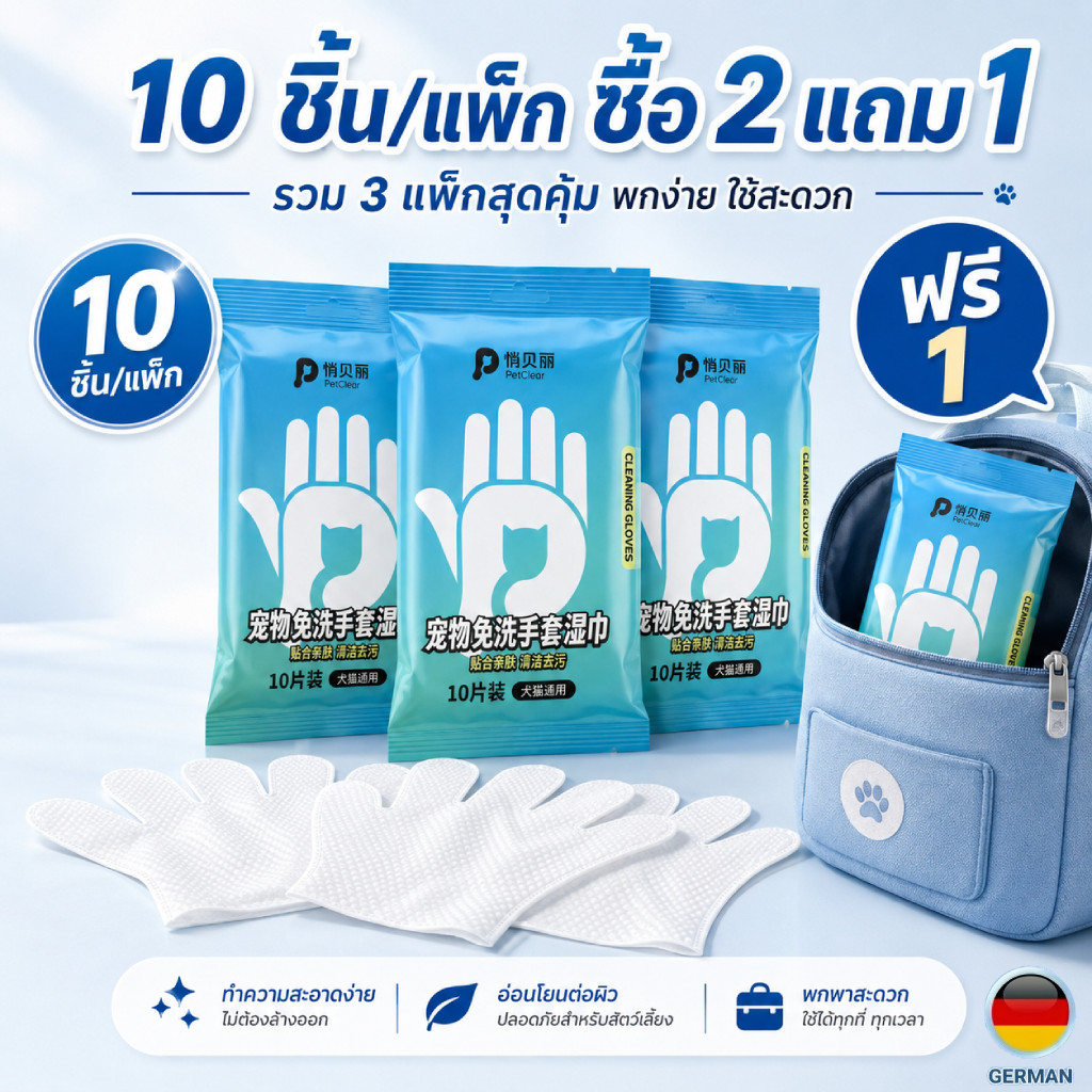 PetClear Pet Cleaning Gloves ถุงมือเปียกสัตว์เลี้ยง 10 ชิ้น อาบแห้ง เช็ดตัว เช็ดเท้า พกง่าย