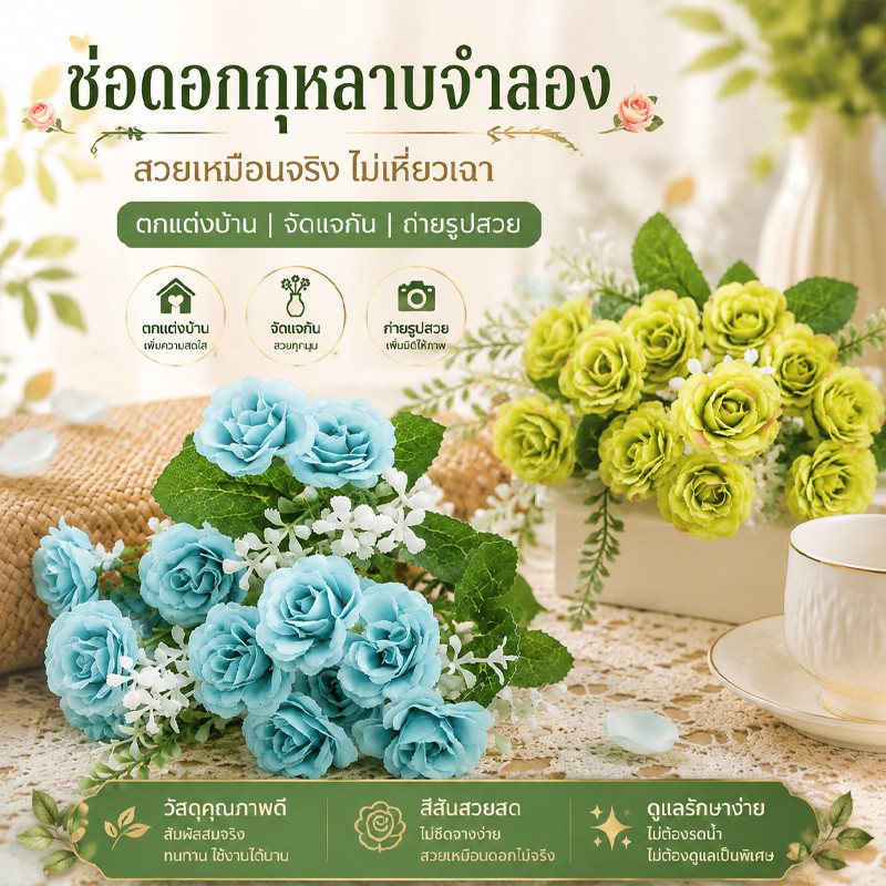 ช่อกุหลาบปลอมขนาดเล็ก 5 ก้าน 15 ดอก สำหรับตกแต่งงานแต่งงาน