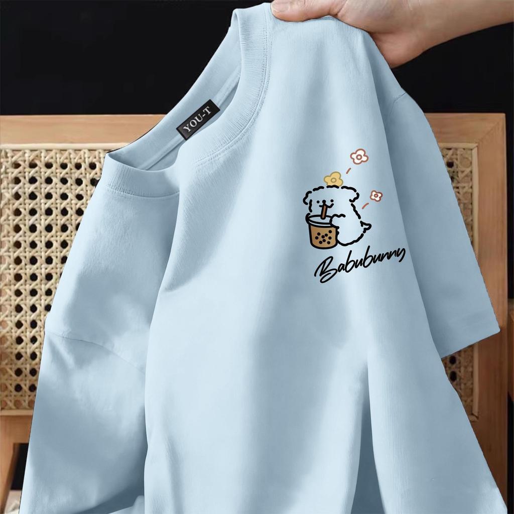 T42.SHOP เสื้อแฟชั่น เสื้อยืด oversize ผ้าฝ้าย100% ไม่ต้องรีดผ้า สวมใส่สบาย ผ้านิ่ม ลาย "Puppy Milk Tea"