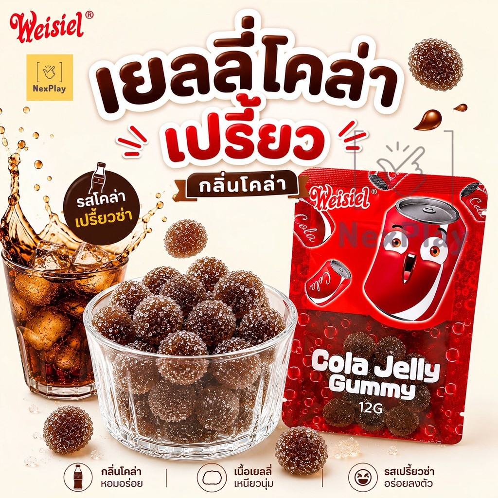 จัดส่งในไทย เยลลี่โคล่าเคลือบน้ำตาล Cola Jelly Gummy  1 กล่องมี 30 ซอง หวานอมเปรี้ยว เคี้ยวหนึบ อร่อย