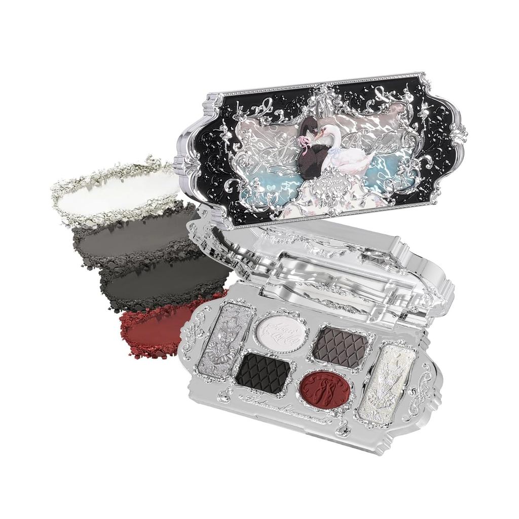 Flower Knows Swan Ballet พาเลทแต่งหน้าหกสี, พาเลทแต่งหน้าหน้าสีแดงสีดําพร้อม 4 Matte + 2 เฉดสีชิมเมอ