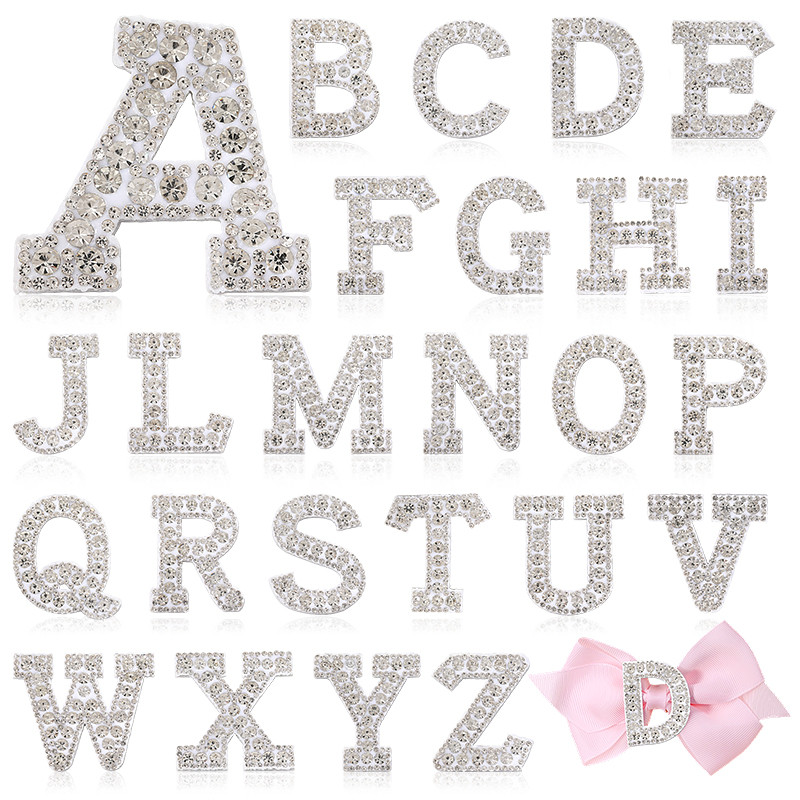 แพทช์ตัวอักษร A–Z แบบรีดติด เพชรเทียม สีขาว สำหรับตกแต่งเสื้อผ้าและกระเป๋า