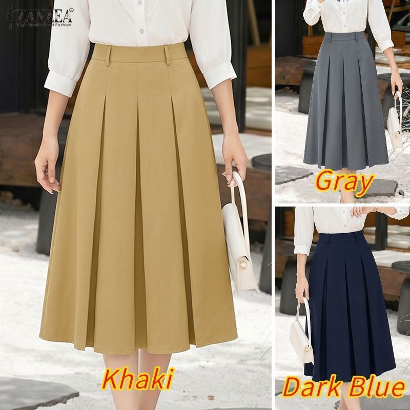 ZANZEA ผู้หญิงเกาหลี Elegant Official Office OL เอวสูงจีบ Solid Midi A-Line Oversirt — صورة 3