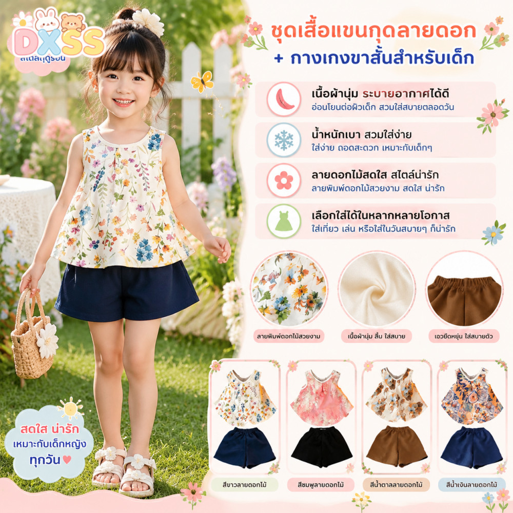 ชุดเสื้อกล้ามเด็กหญิงลายดอกไม้ ผ้านุ่มระบายอากาศดี สำหรับเด็กหญิงฤดูร้อน 1-7ปี