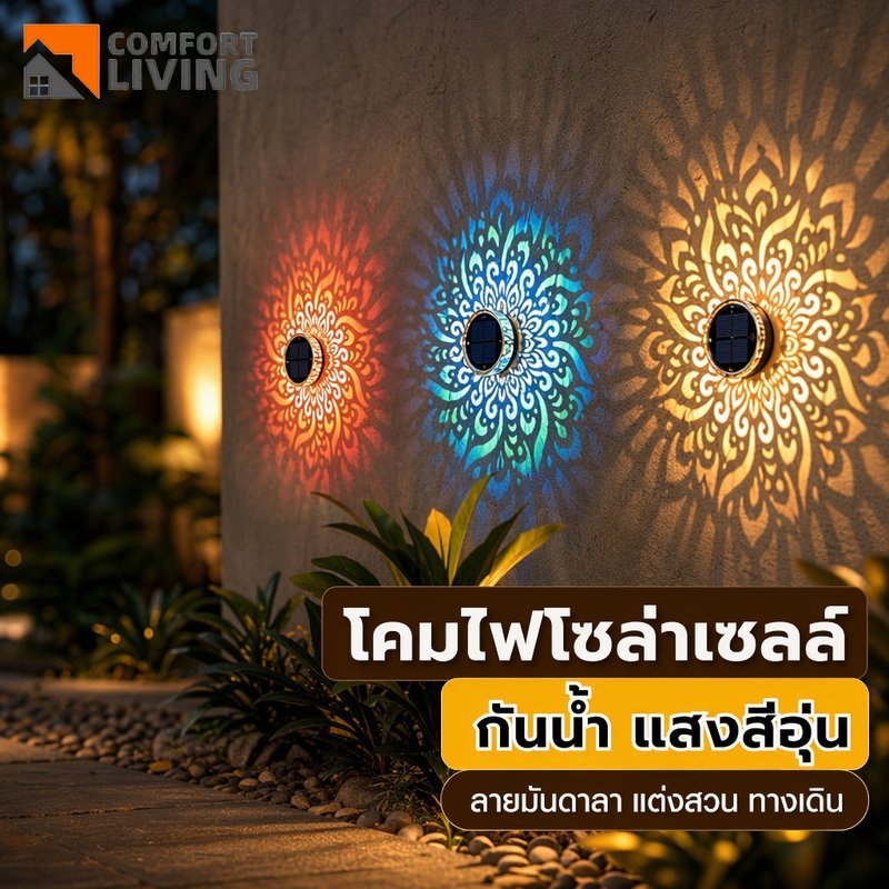 โคมไฟติดผนัง โซล่าเซลล์ กันน้ำ แสงอุ่น ลายมันดาลา เปิดปิดอัตโนมัติ แต่งสวน ทางเดิน กลางแจ้ง