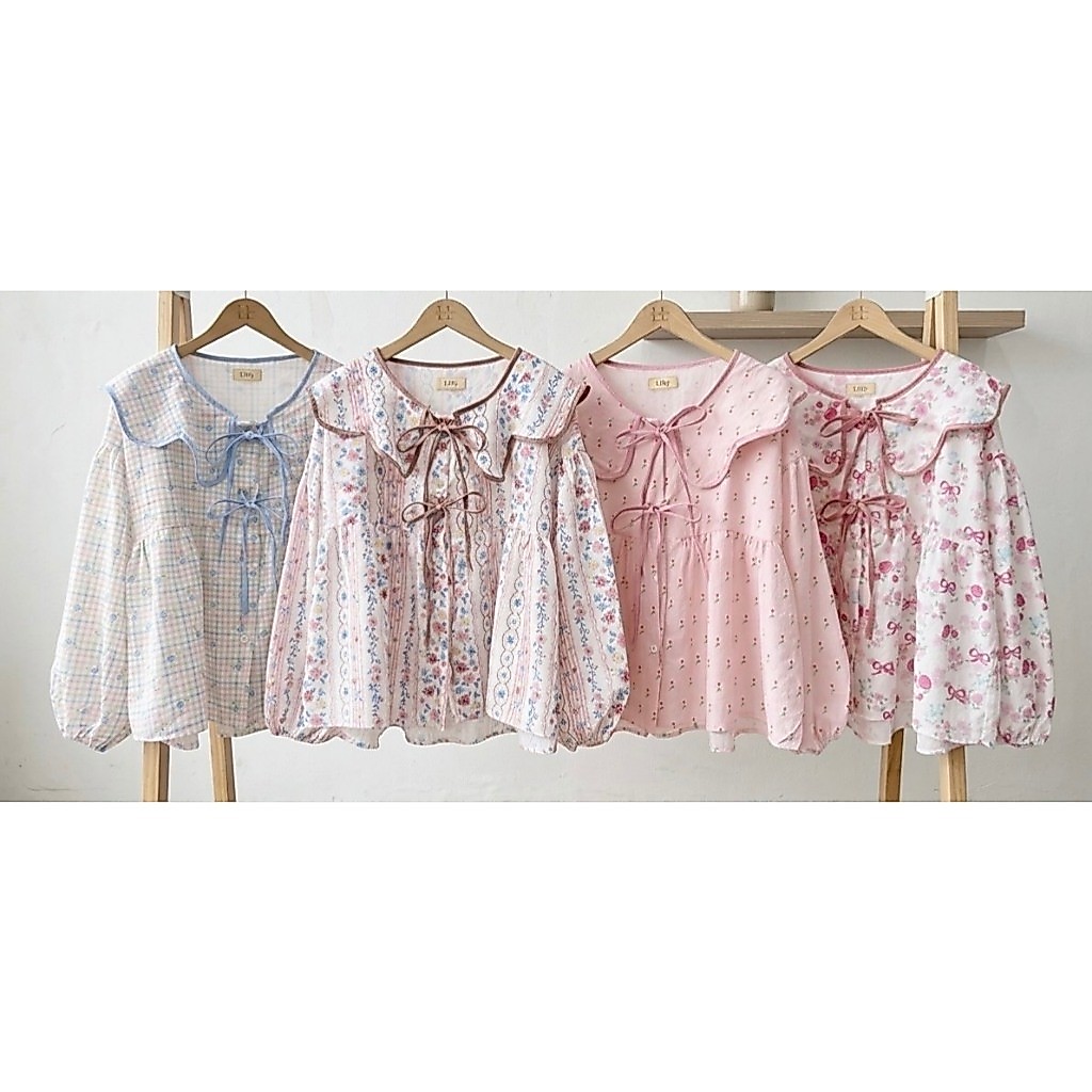 ป้าย Lilly เสื้อปกหยักผ้าบับเบิ้ลพิมพ์ลาย อก 42 นิ้ว ยาว 22 นิ้ว