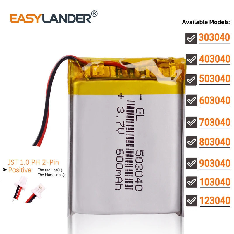 JST1.0mm 2Pin 3.7V 303040 403040 503040 603040 703040 803040 903040 103040 123040 แบตเตอรี่ลิเธียมโพ