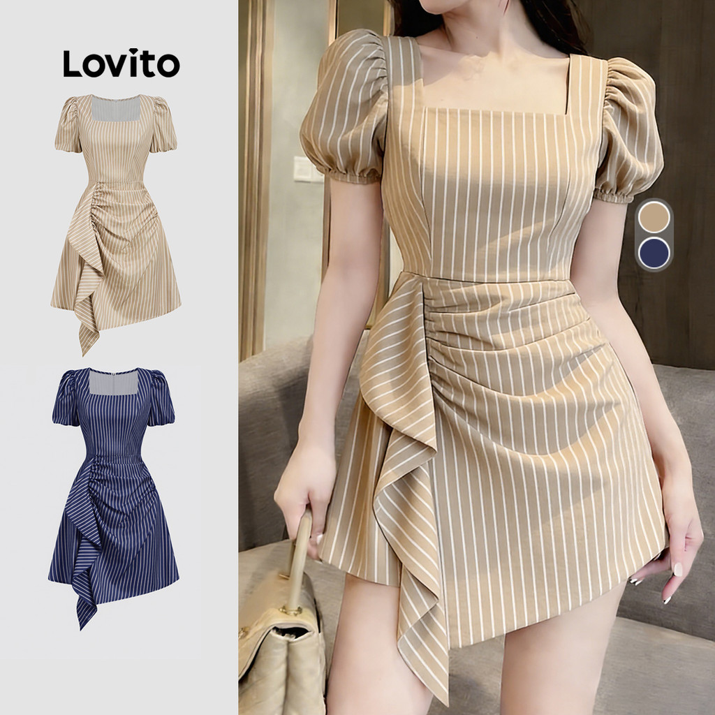 Lovito สง่างาม เดรสผู้หญิง แต่งระบายอัดพลีท ใส่สบายแต่ดูดี เดรสสีเบจอ่อนสําหรับฤดูใบไม้ผลิ/ฤดูร้อน L178ED1398