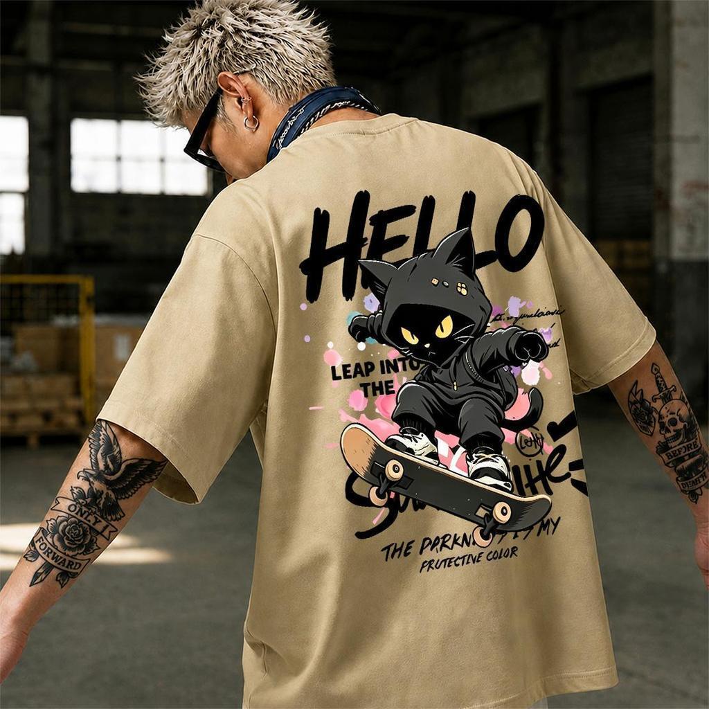 Y-T พร้อมส่ง เสื้อยืด oversize ผ้าฟอกวินเทจ ผ้าฝ้ายแท้ใส่สบาย ไม่แตกเมื่อซัก ลาย HELLO LEAP