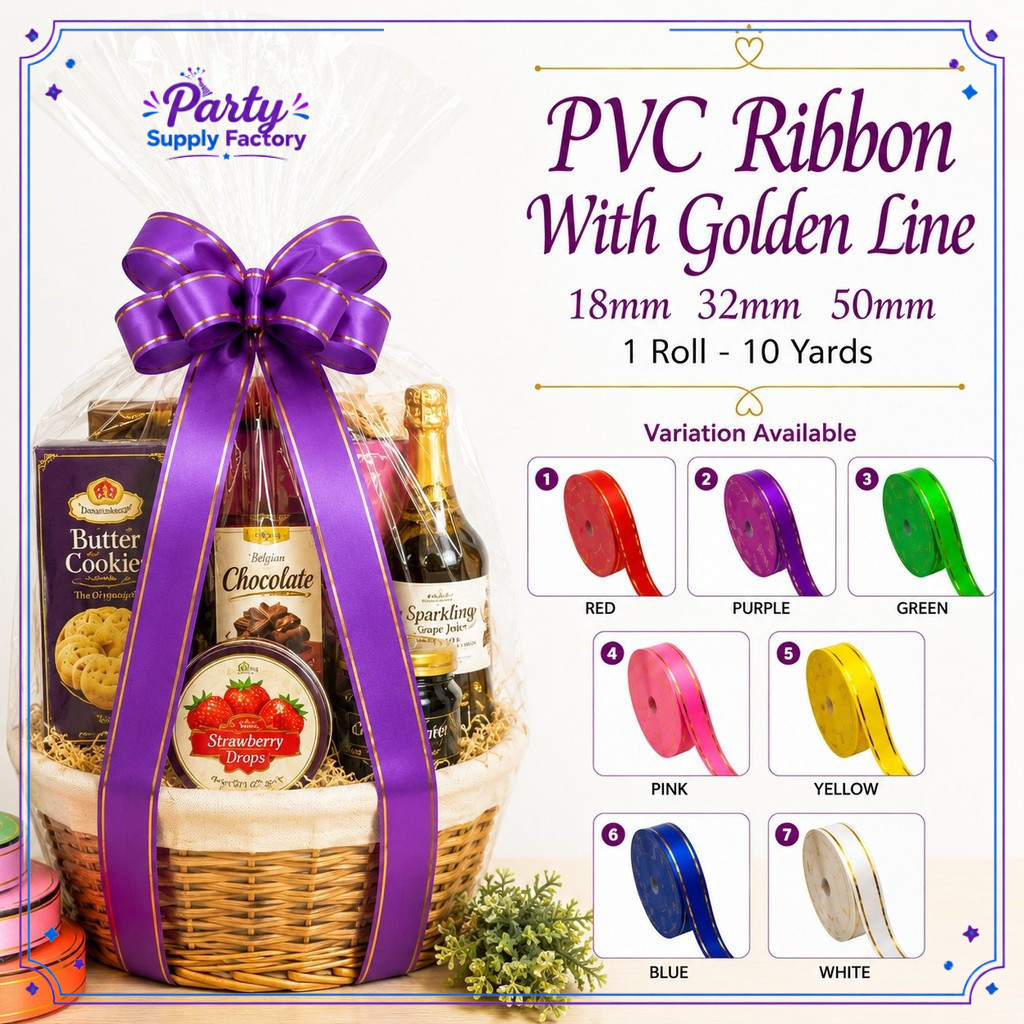 PVC RIBBON GOLD EDGE / RIBBON พร้อมขอบทอง / PACKAGING RIBBON CRAFT - 1ROLL ( 10YARDS )