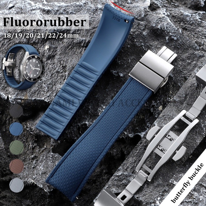 ปลายโค้ง Fluororubber สายนาฬิกา 18/19/20/22/24 มม.FKM ยาง Quick Release สายรัดข้อมือ Universal สายคล