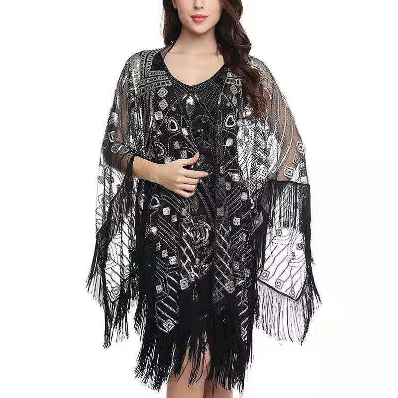 2021สไตล์ใหม่หญิงHeavy Industry Sequinedพู่ยาวผ้าคลุมไหล่แฟชั่นHigh-Endเสื้อแจ็คเก็ตบางจับคู่ชุดกระโ