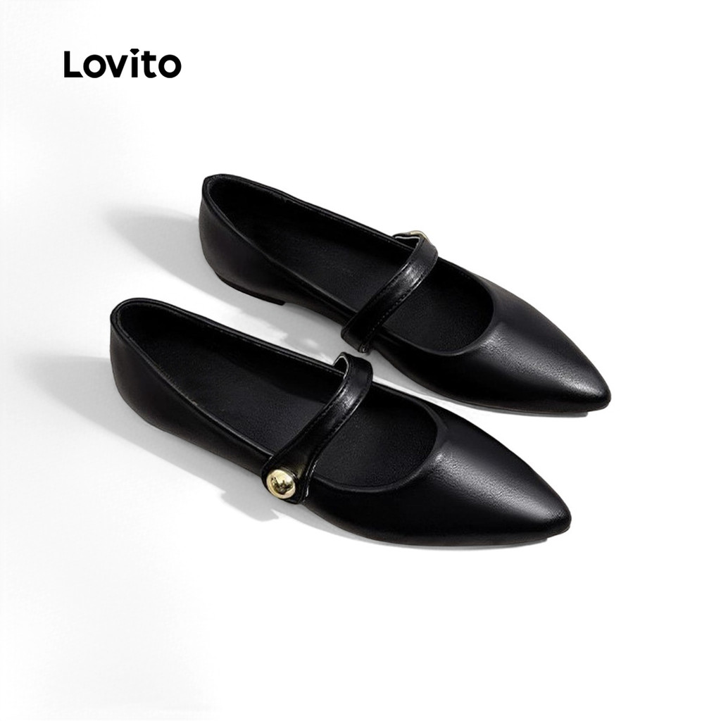 Lovito สง่างาม วินเทจวินเทจสีพื้นแมรี่เจนเรียบง่ายเรียบง่ายสีดําและสีขาวหนังนุ่มบัลเล่ต์สําหรับผู้หญิง LFA69084